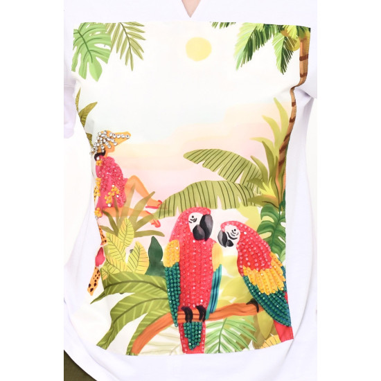 Papağan Desen Boncuk Taş Detay Tshirt