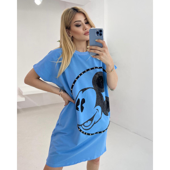 Taşlı Mickey Elbise Mavi